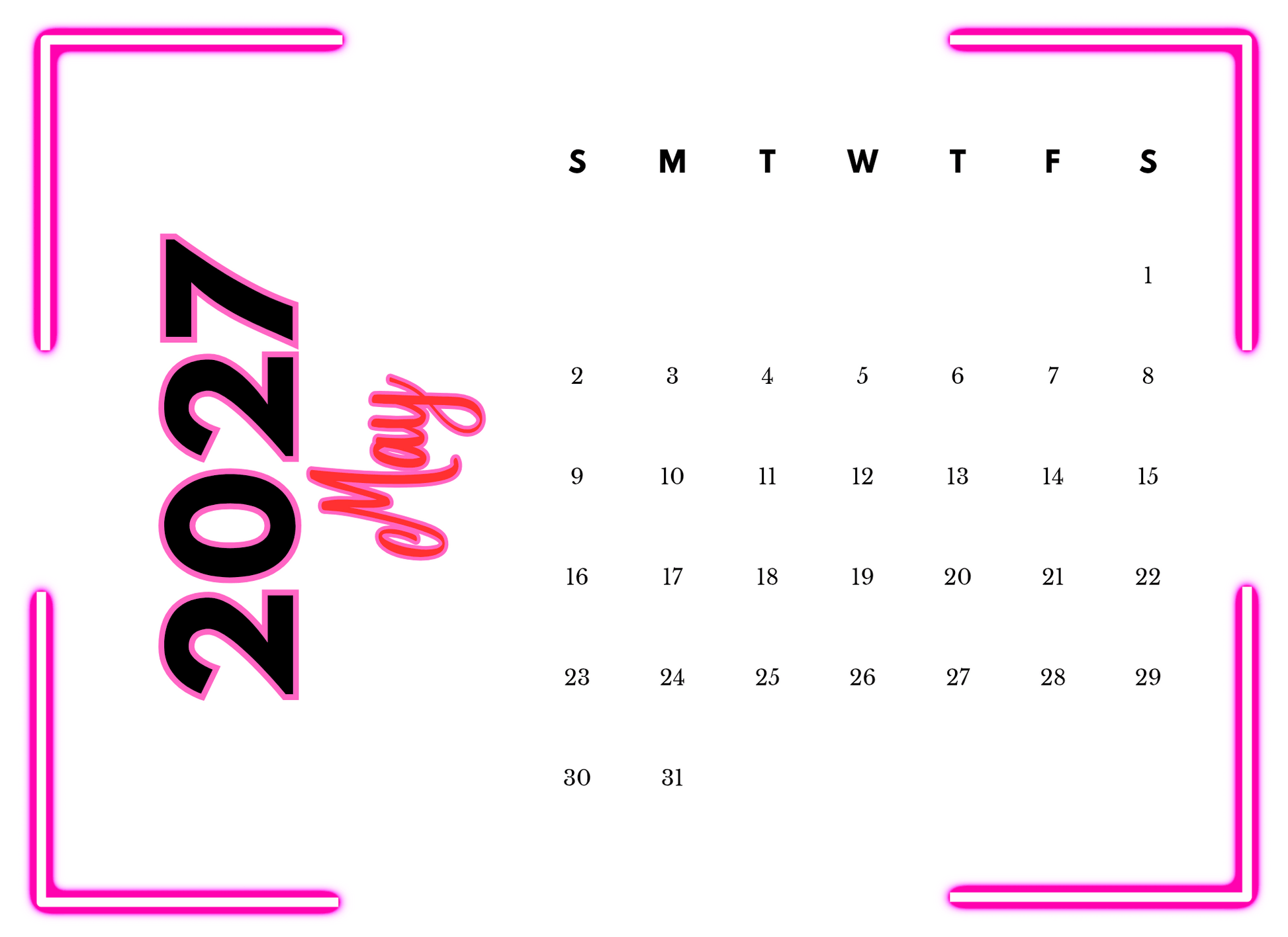 Calendar for May 2027 with a pink border and decorative text.