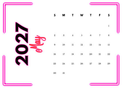 Calendar for May 2027 with a pink border and decorative text.