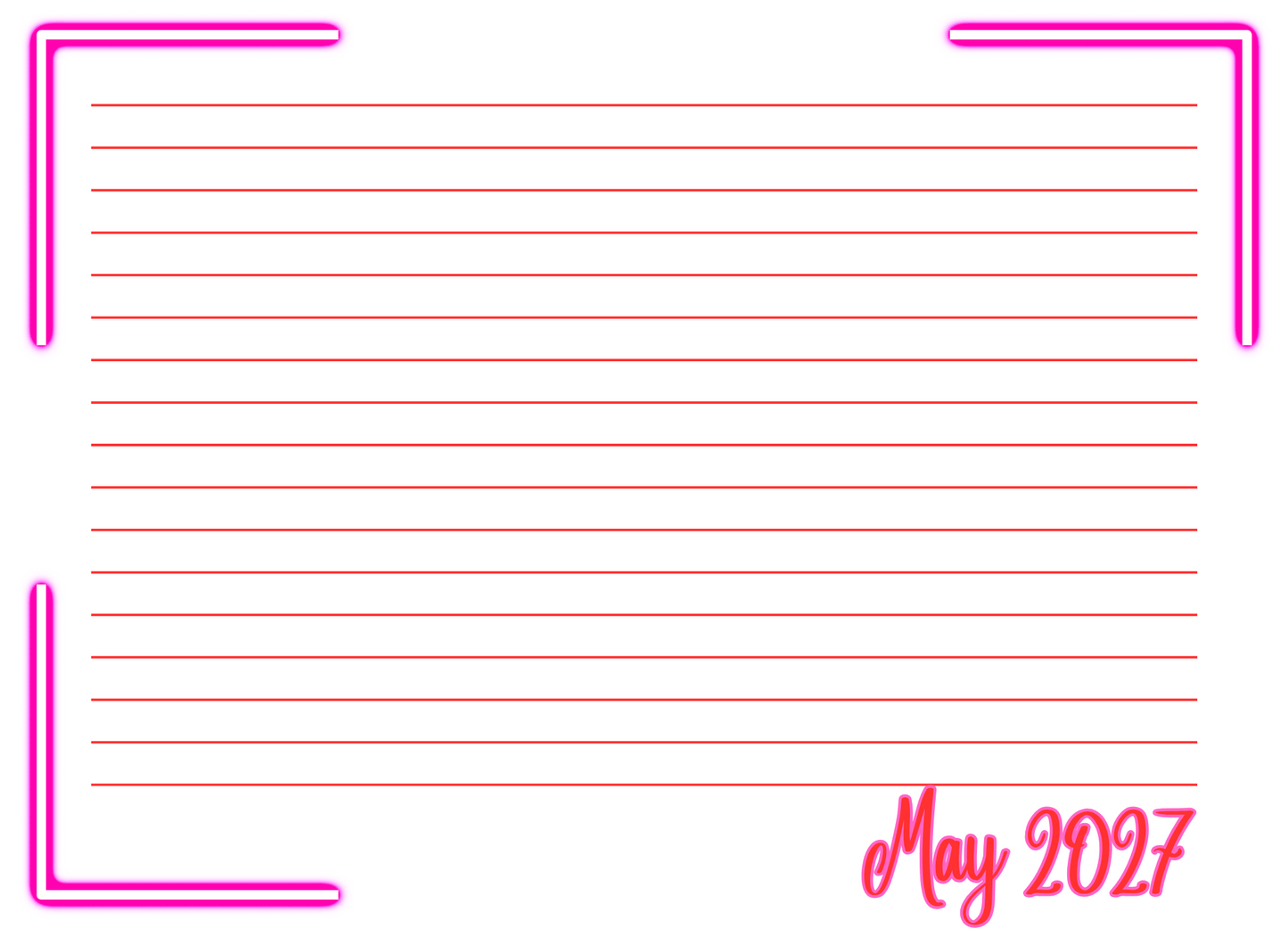  lined paper with pink border and 'May 2027' text