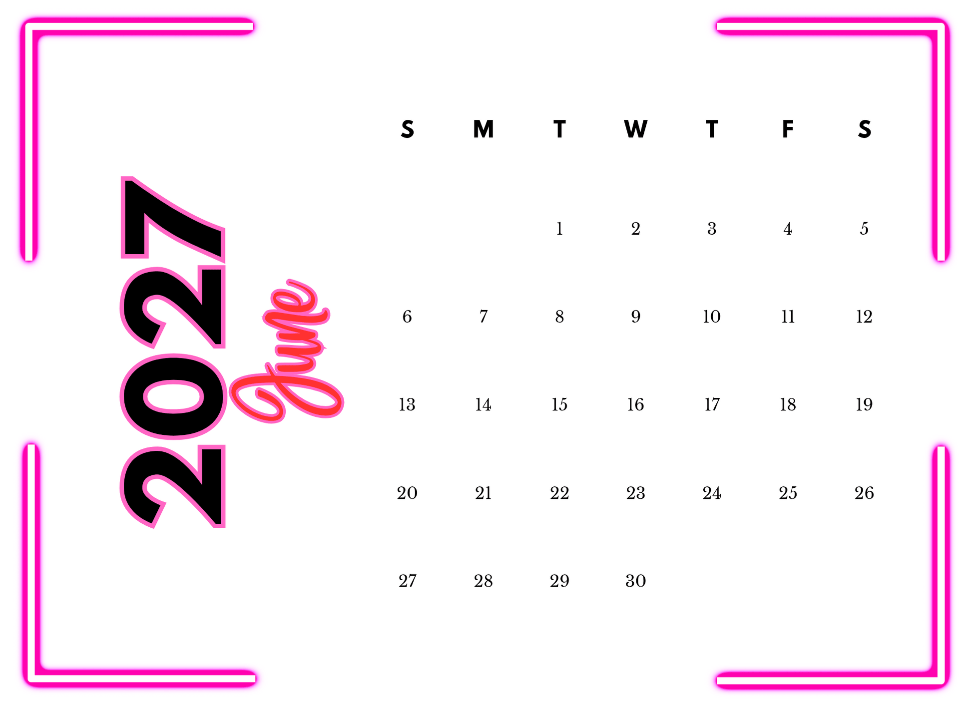 Calendar for June 2027 with pink border and text