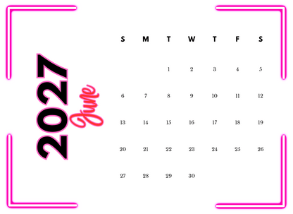Calendar for June 2027 with pink border and text