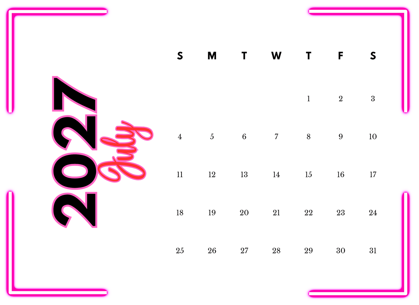 Calendar for July 2027 with pink and black design elements on a white background