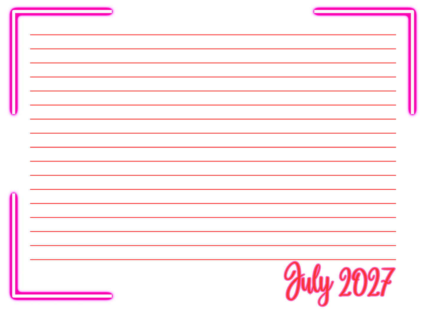 Blank lined paper with pink border and 'July 2027' text