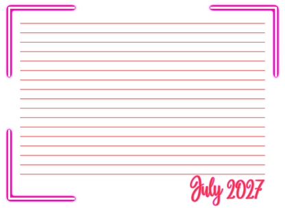 Blank lined paper with pink border and 'July 2027' text