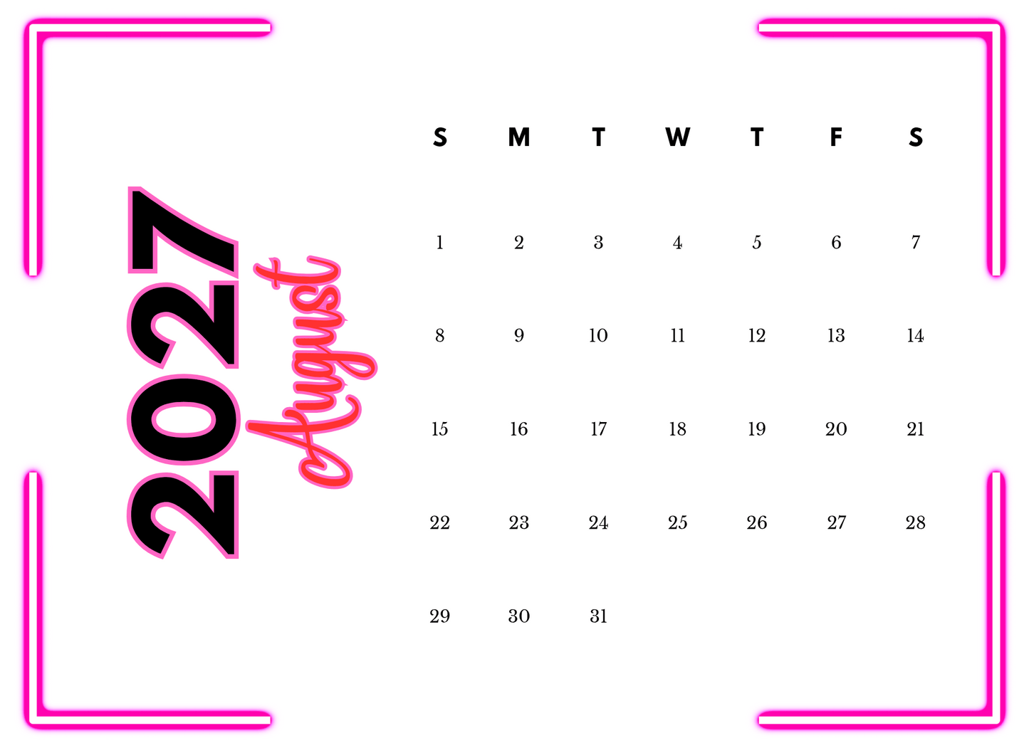 Calendar for August 2027 with pink border and text