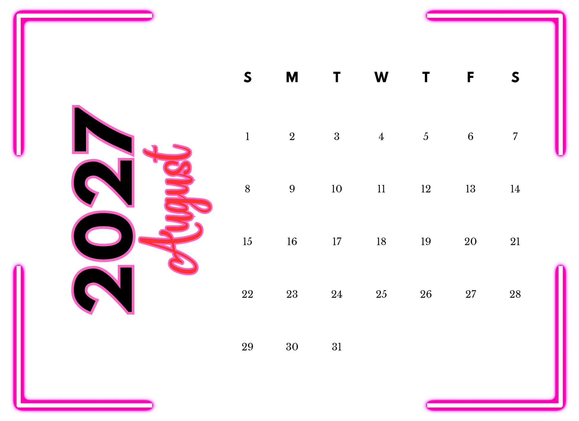 Calendar for August 2027 with pink border and text