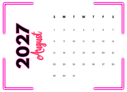 Calendar for August 2027 with pink border and text