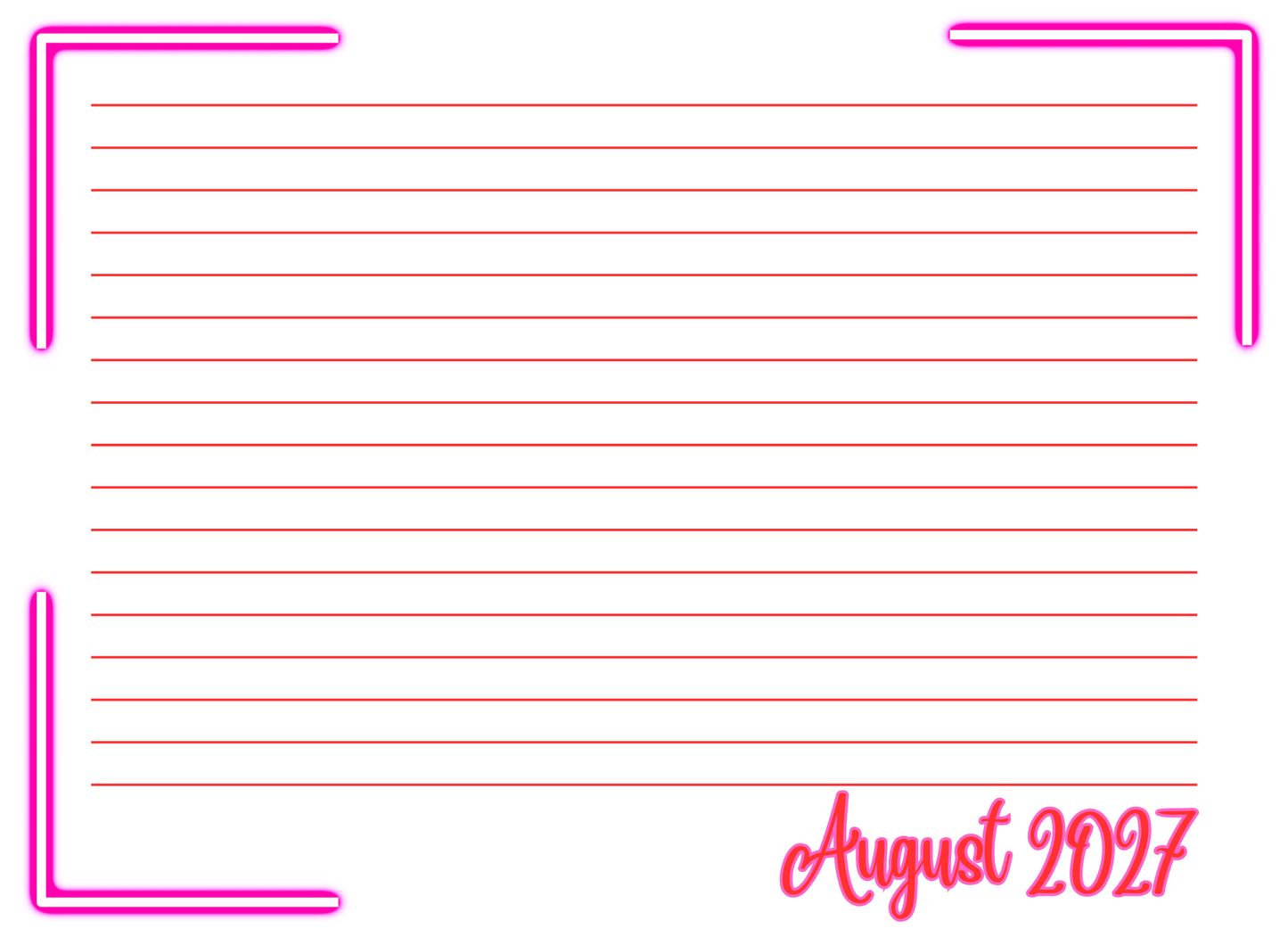 Blank lined paper with pink border and 'August 2027' text