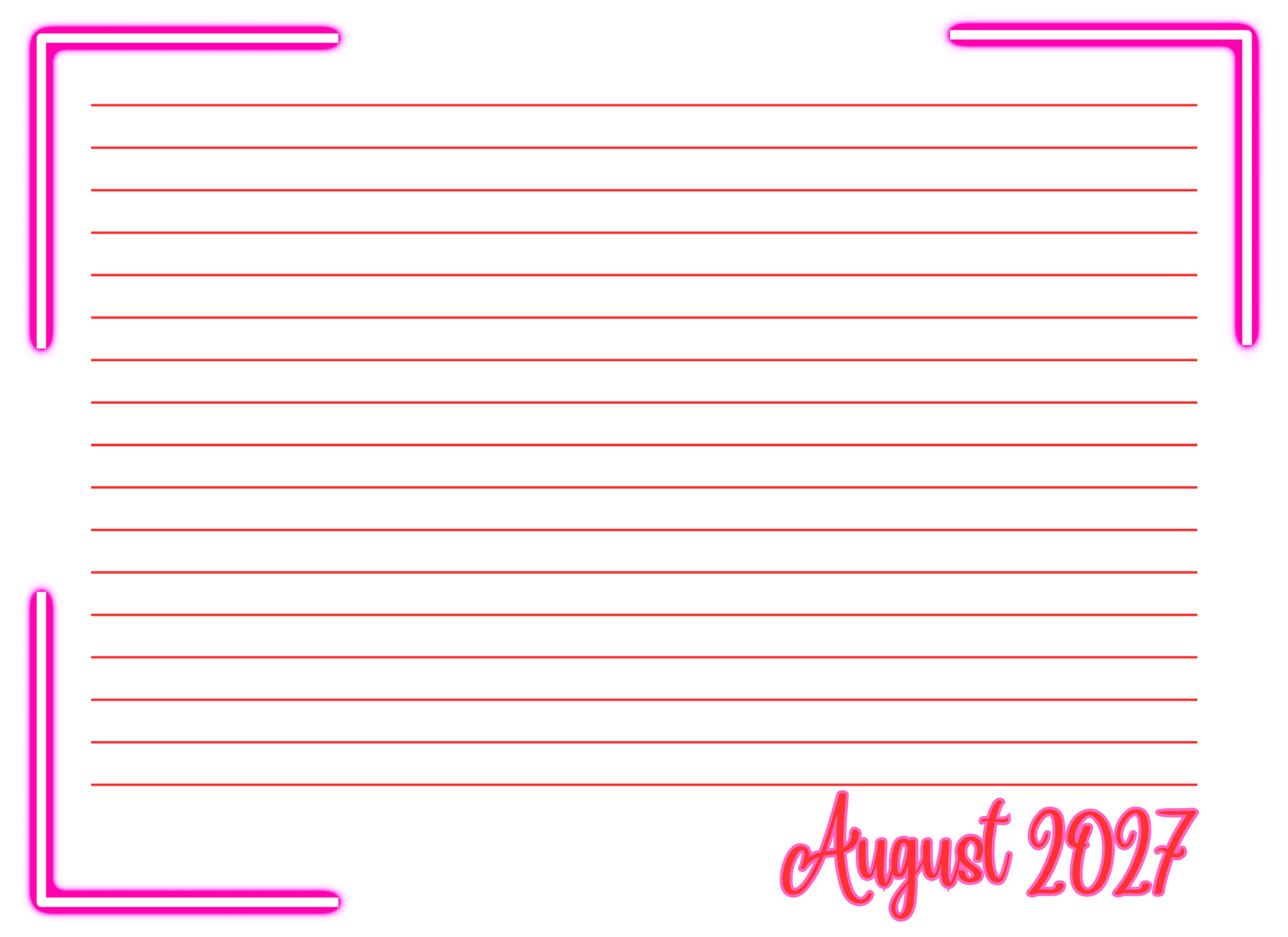 Blank lined paper with pink border and 'August 2027' text