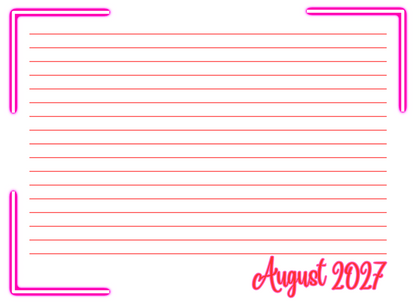 Blank lined paper with pink border and 'August 2027' text