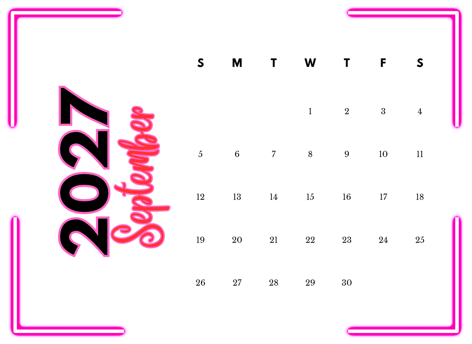 Calendar for September 2027 with pink border and text