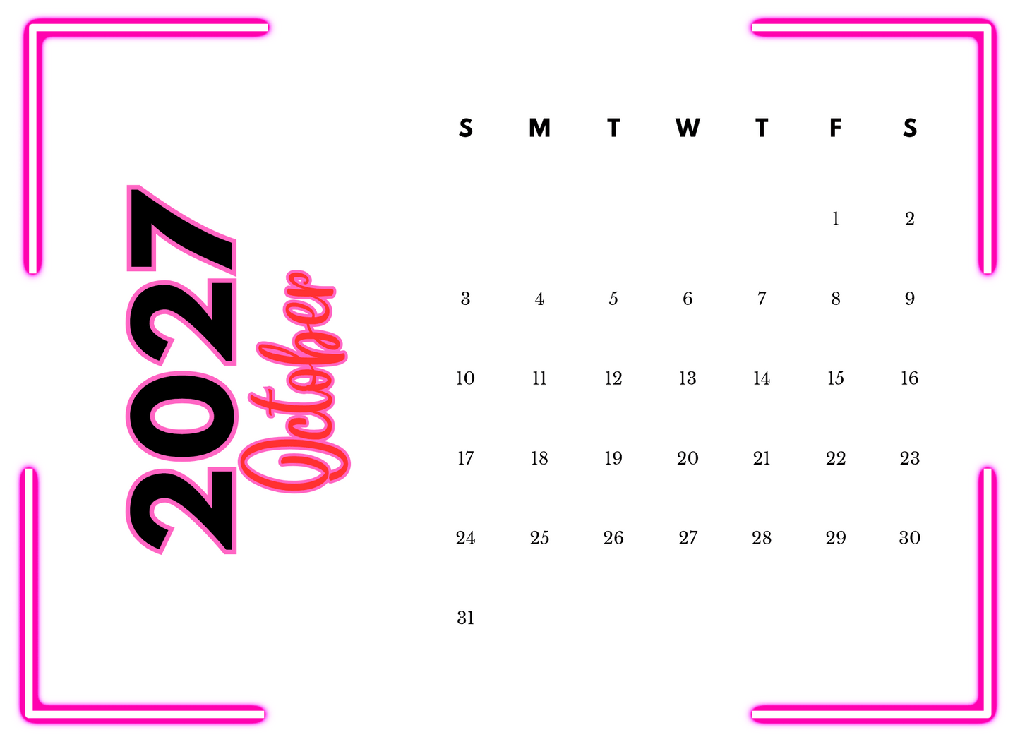 Calendar for October 2027 with pink border and text