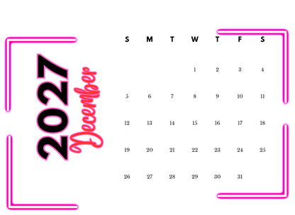 Calendar for December 2027 with pink border and text