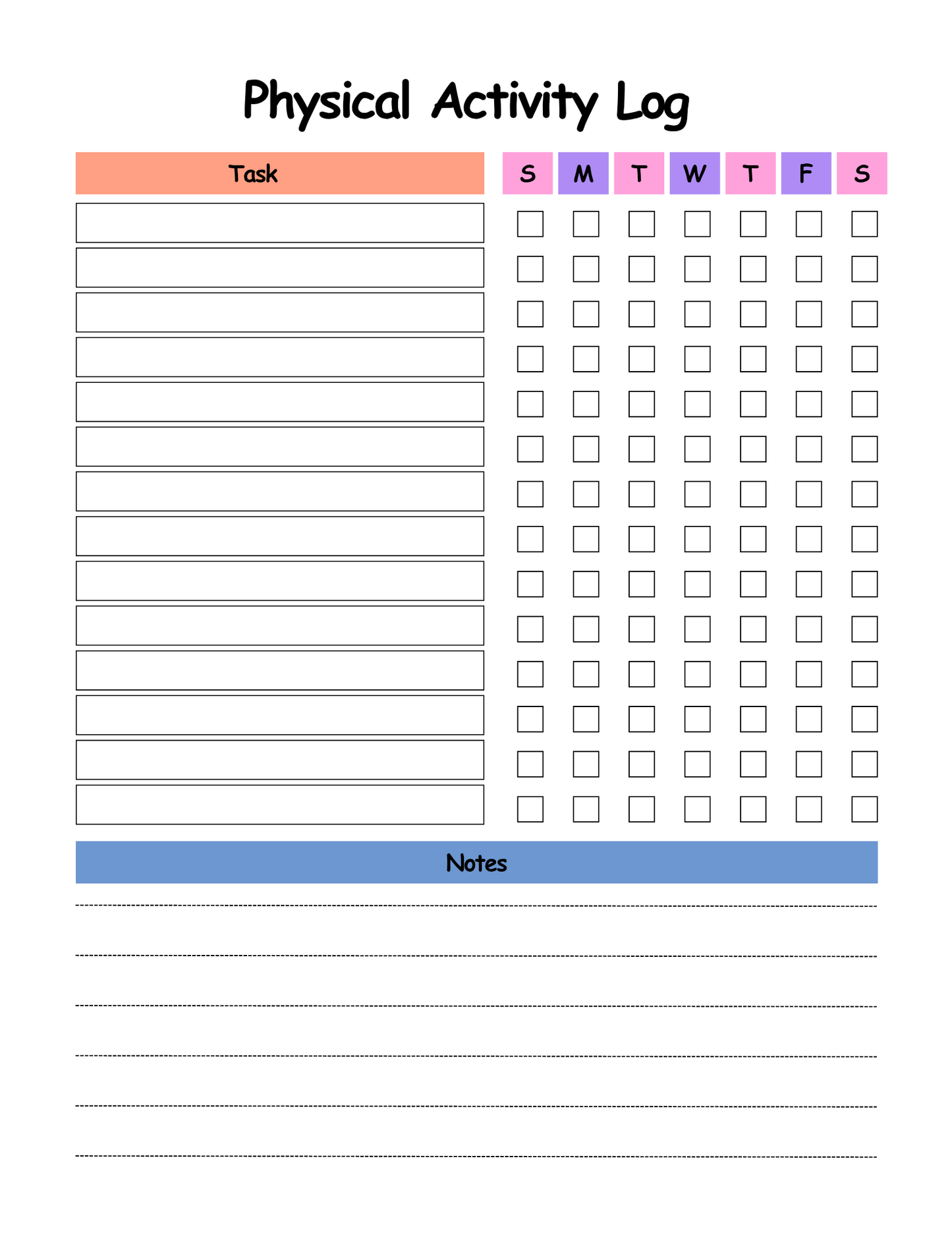 Physical Activity Log with task list and checkboxes for days of the week