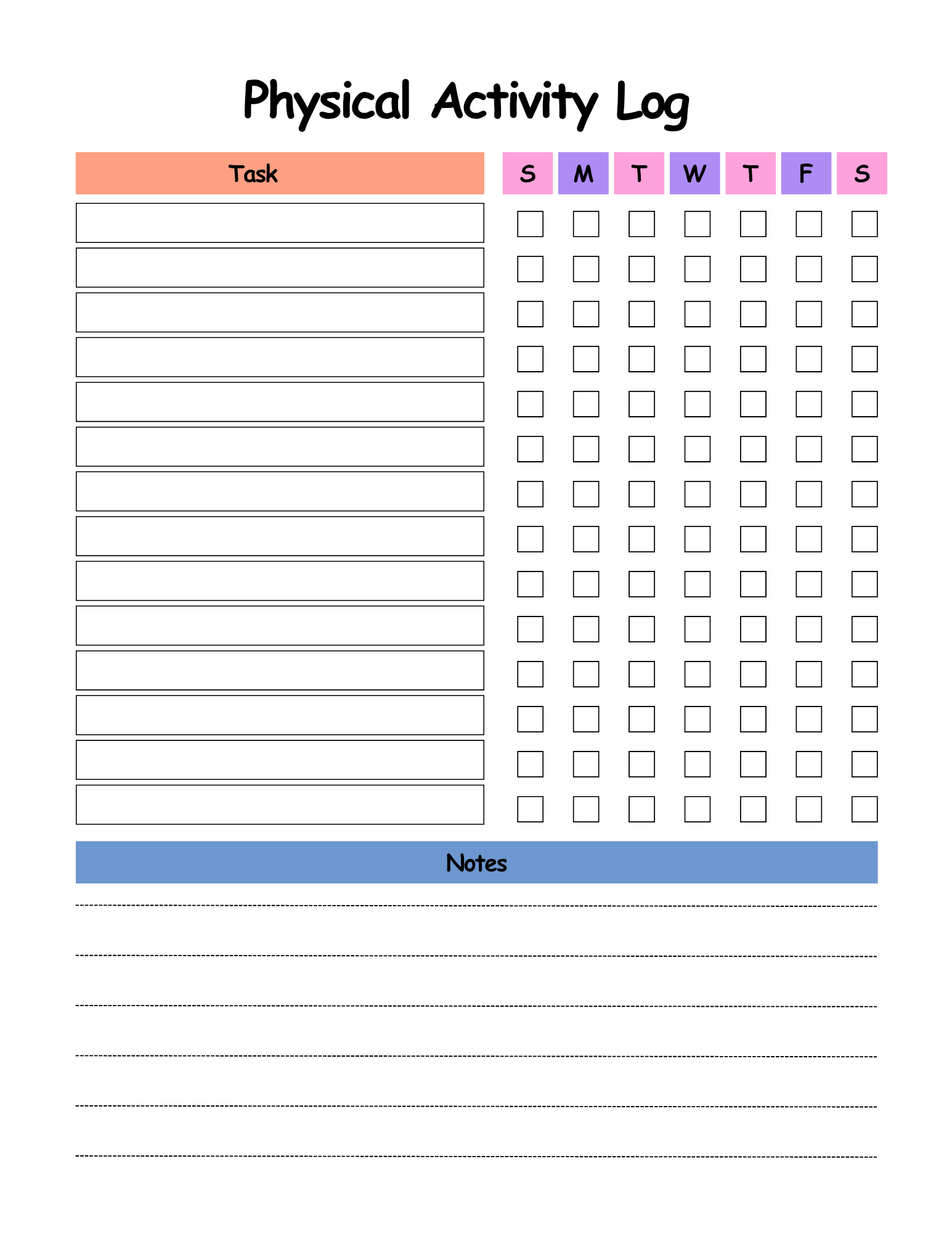 Physical Activity Log with task list and checkboxes for days of the week