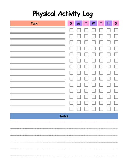 Physical Activity Log with task list and checkboxes for days of the week