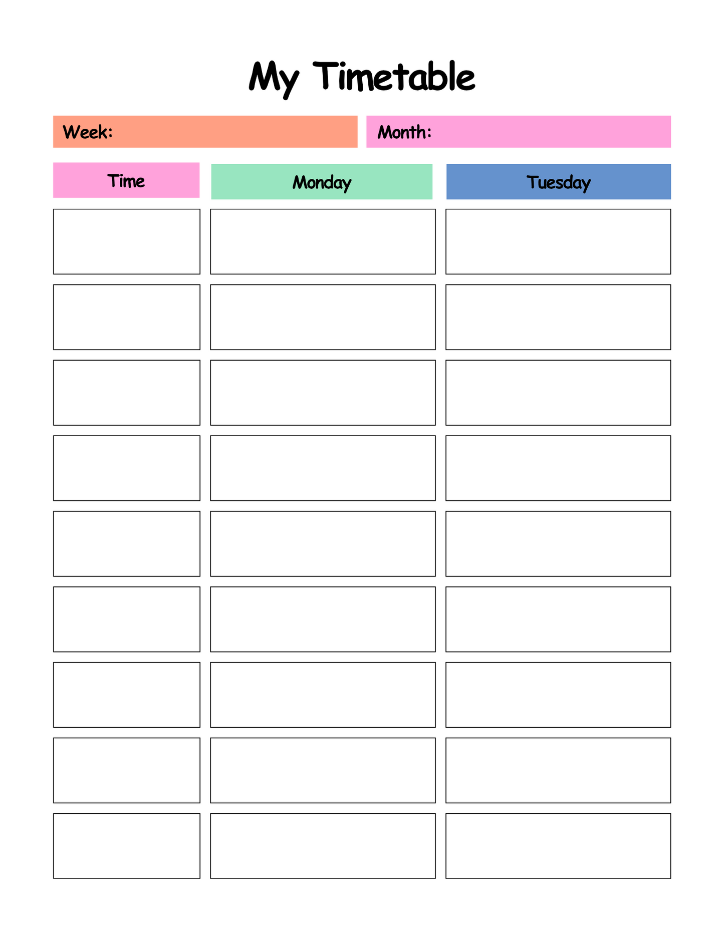 Timetable template with colored sections for week, month, time, Monday, and Tuesday.