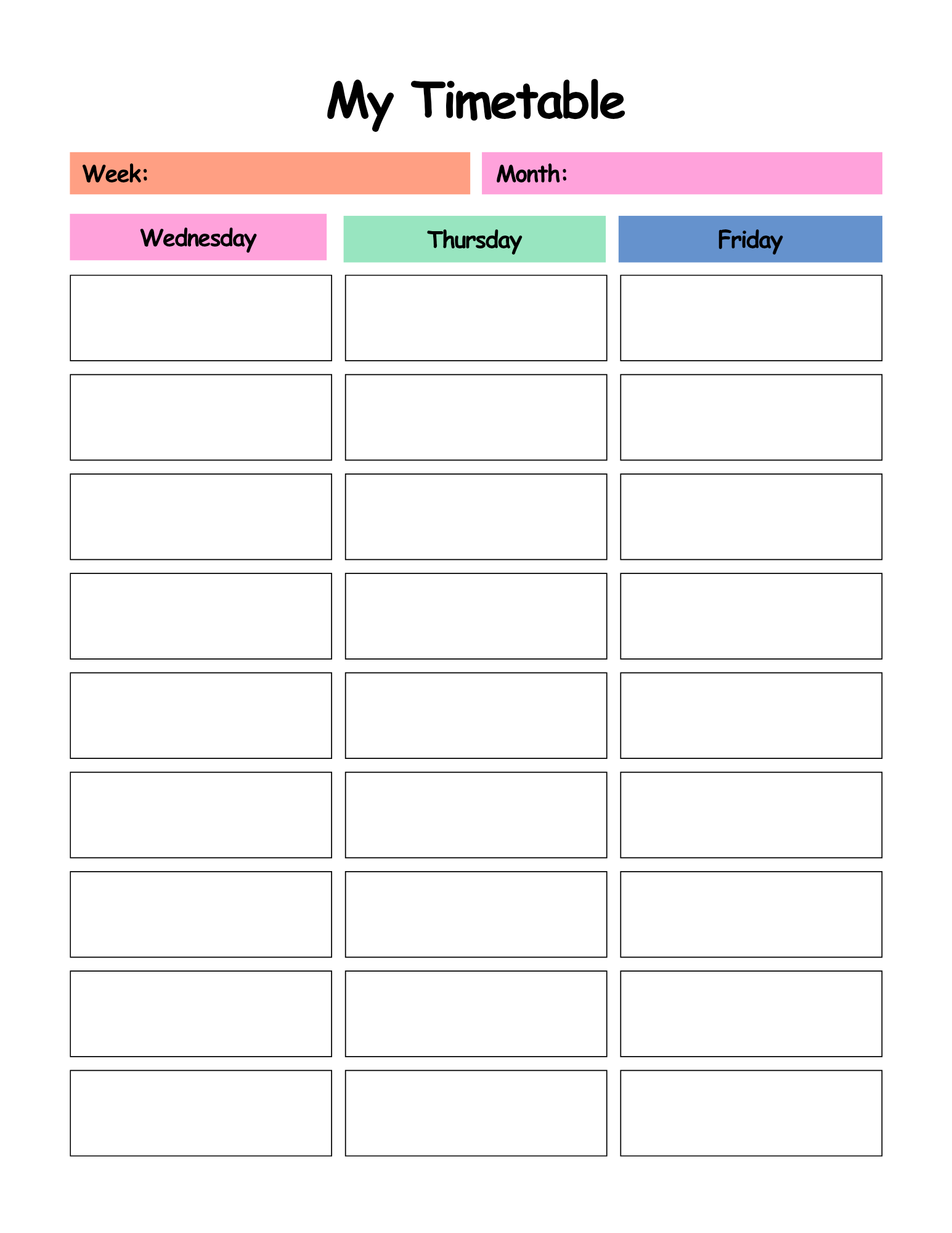 Timetable with days of the week color-coded on a white background