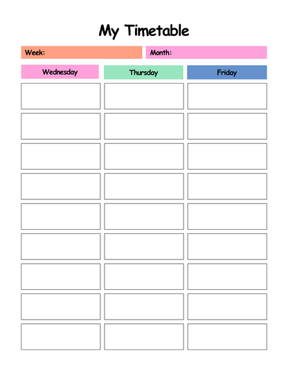 Timetable with days of the week color-coded on a white background