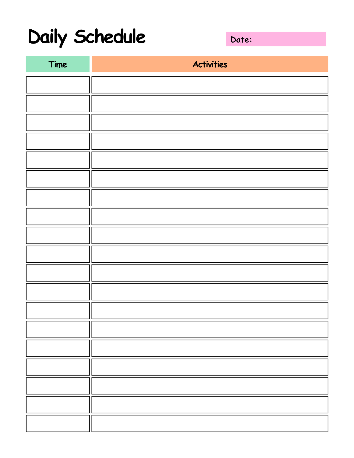 Daily schedule template with time and activities columns on a white background