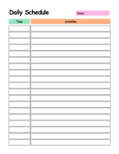 Daily schedule template with time and activities columns on a white background