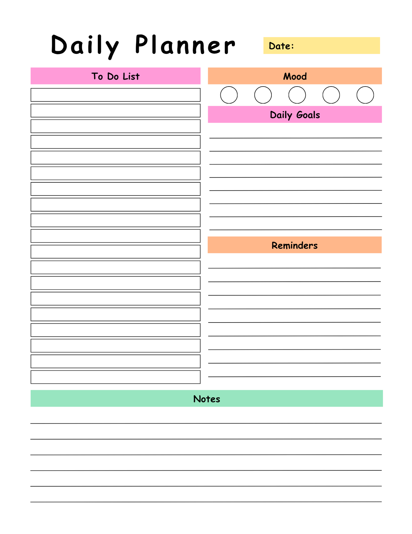 Daily planner with sections for To Do List, Mood, Daily Goals, Reminders, and Notes.