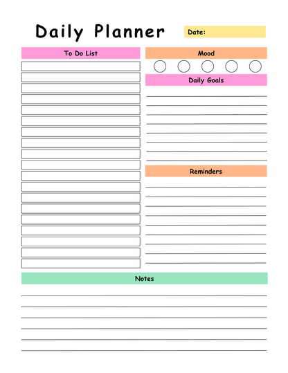 Daily planner with sections for To Do List, Mood, Daily Goals, Reminders, and Notes.