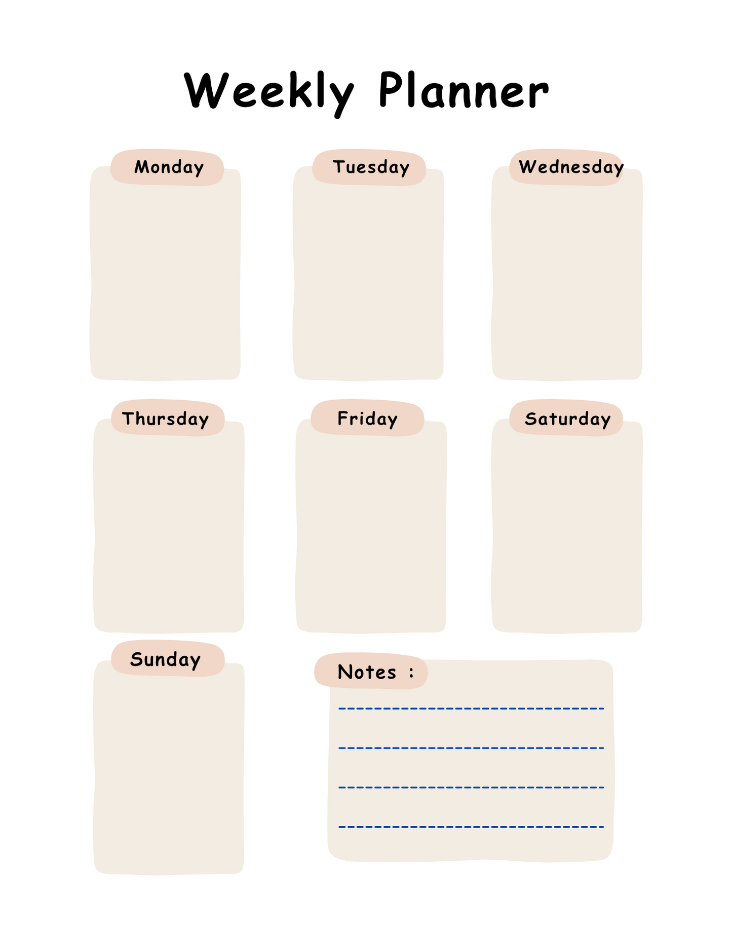 Weekly planner with days of the week on separate cards.