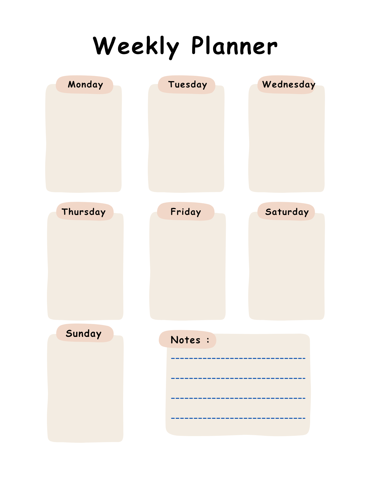 Weekly planner with days of the week on separate cards.