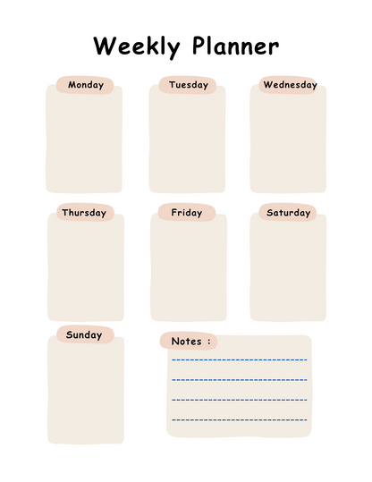 Weekly planner with days of the week on separate cards.