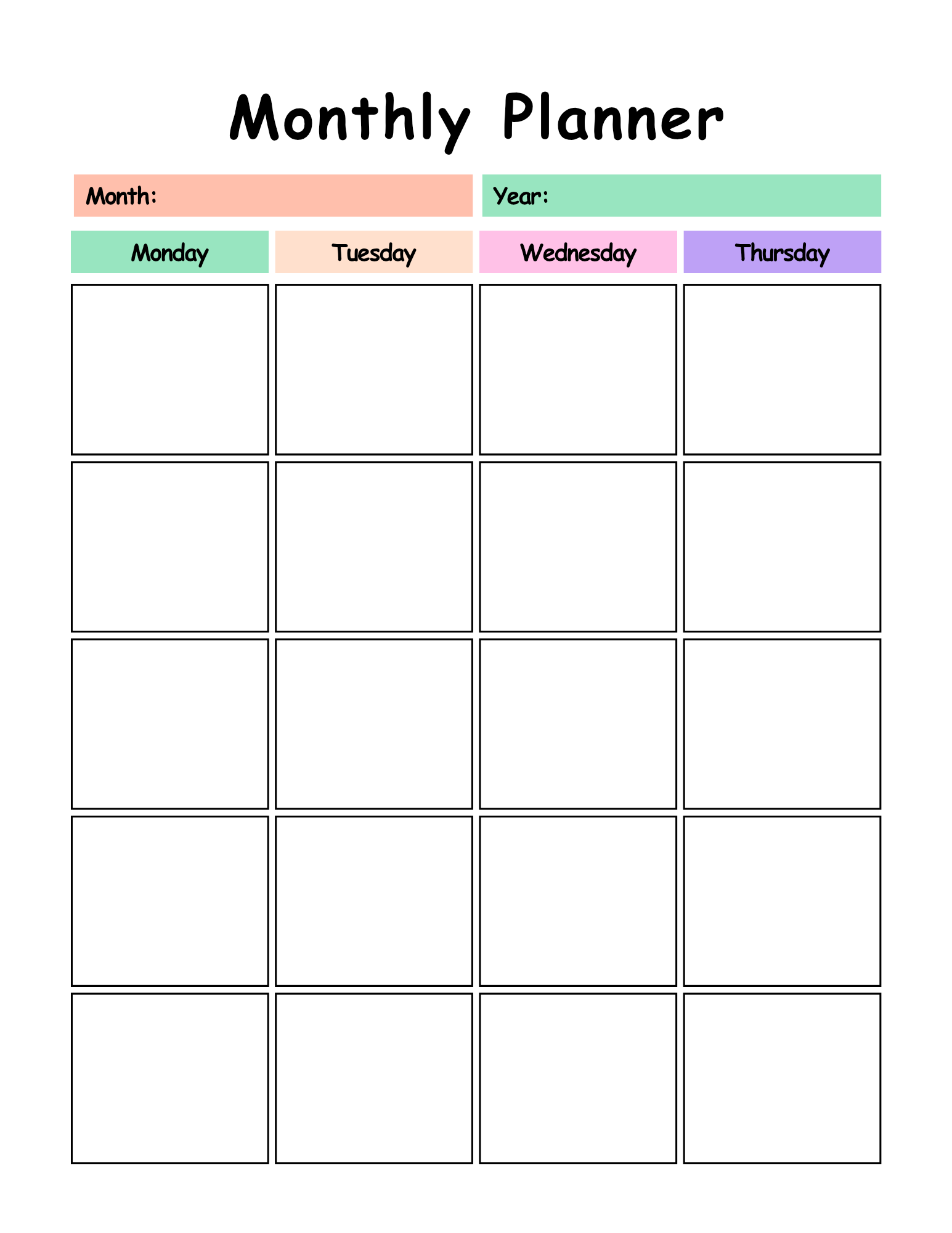 Monthly planner with days of the week labels on a white background