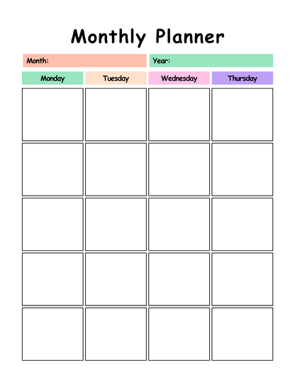 Monthly planner with days of the week labels on a white background