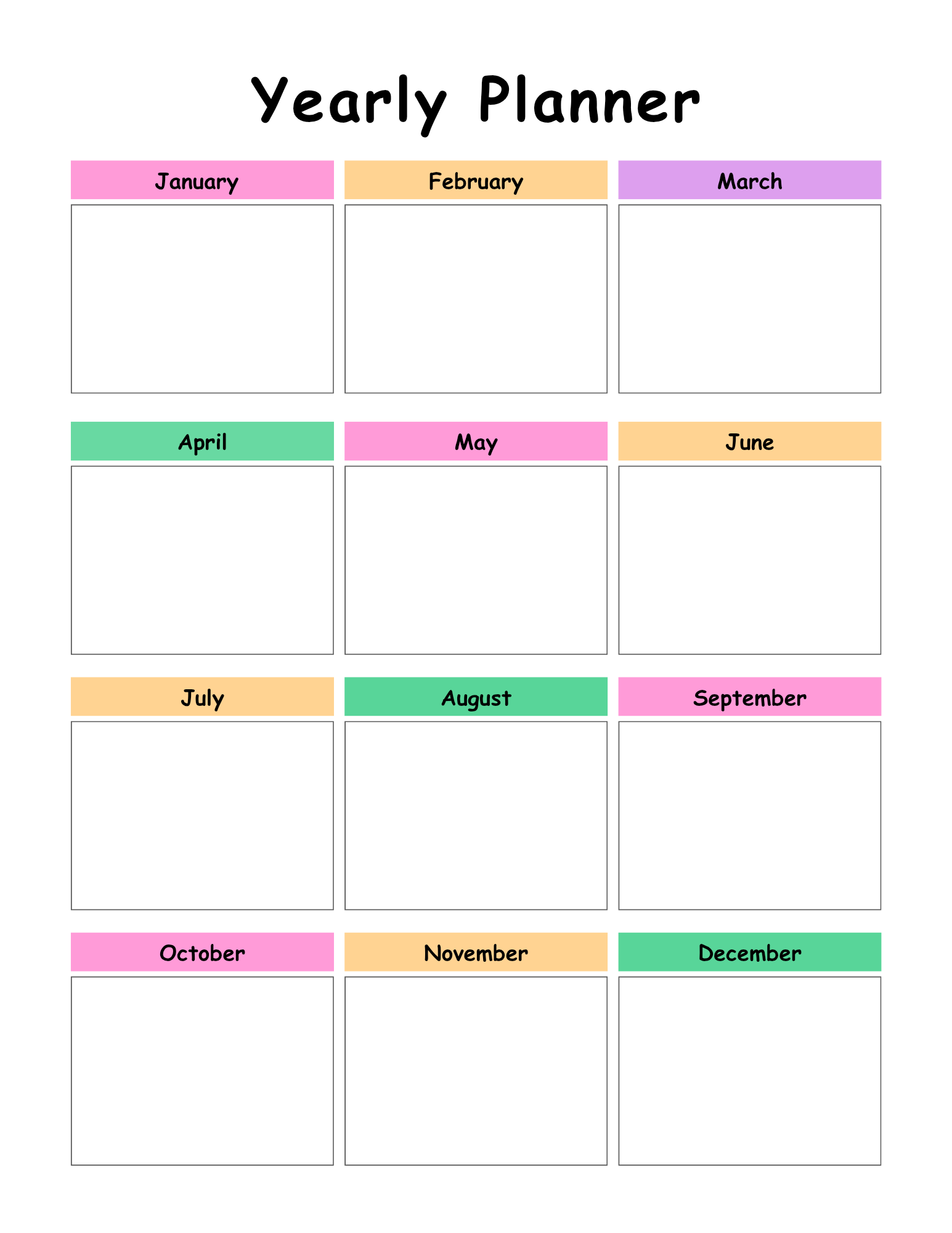 Yearly planner with colorful boxes for each month on a white background