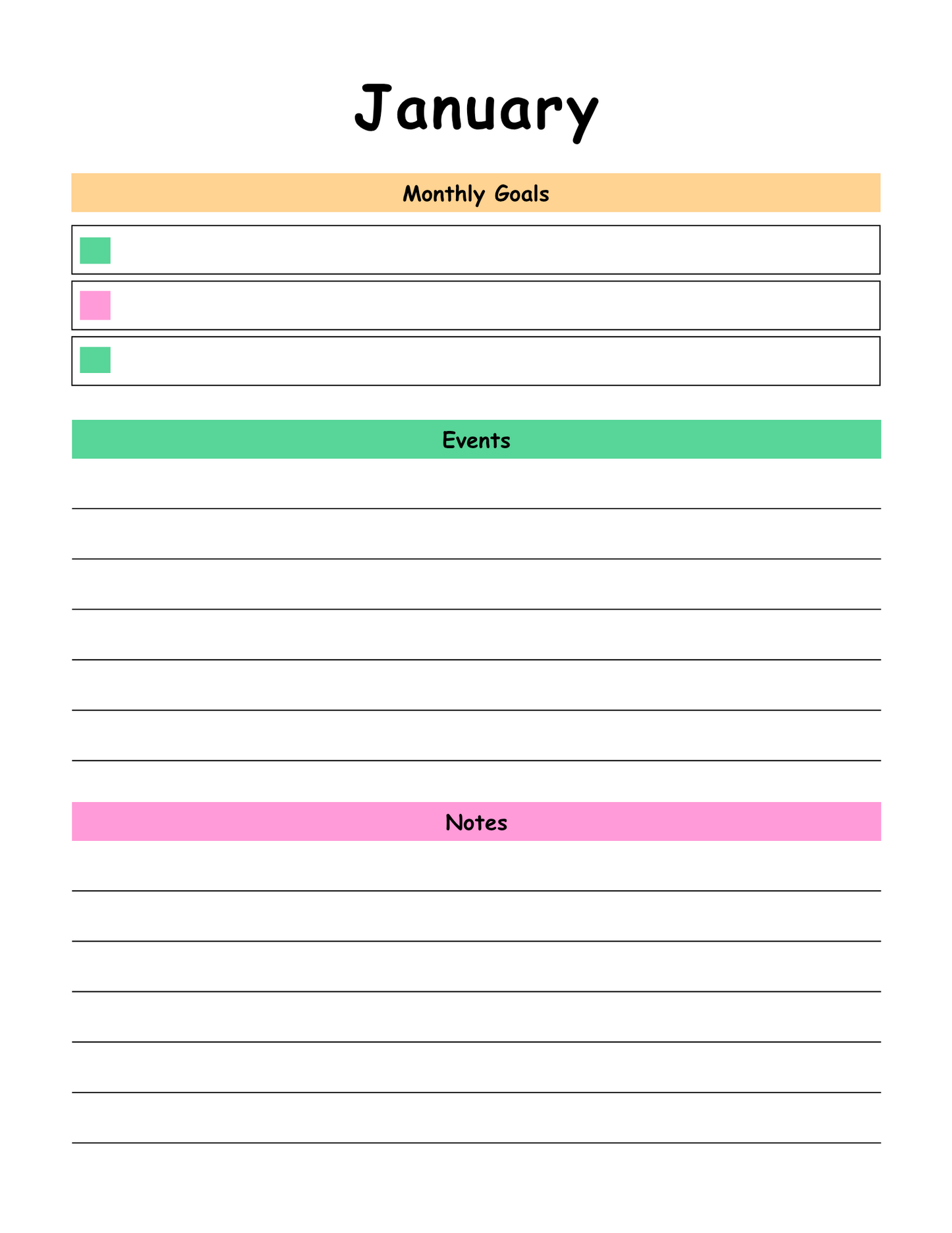 Monthly planner with sections for goals, events, and notes on a white background