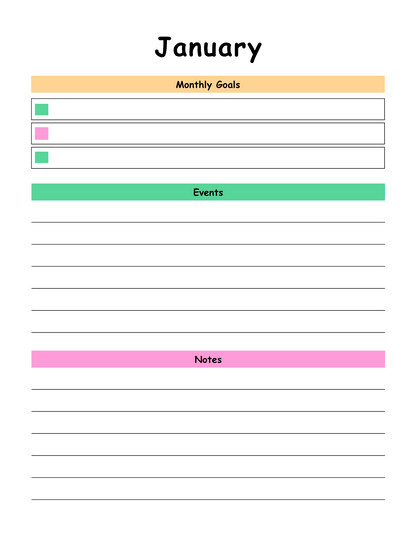 Monthly planner with sections for goals, events, and notes on a white background