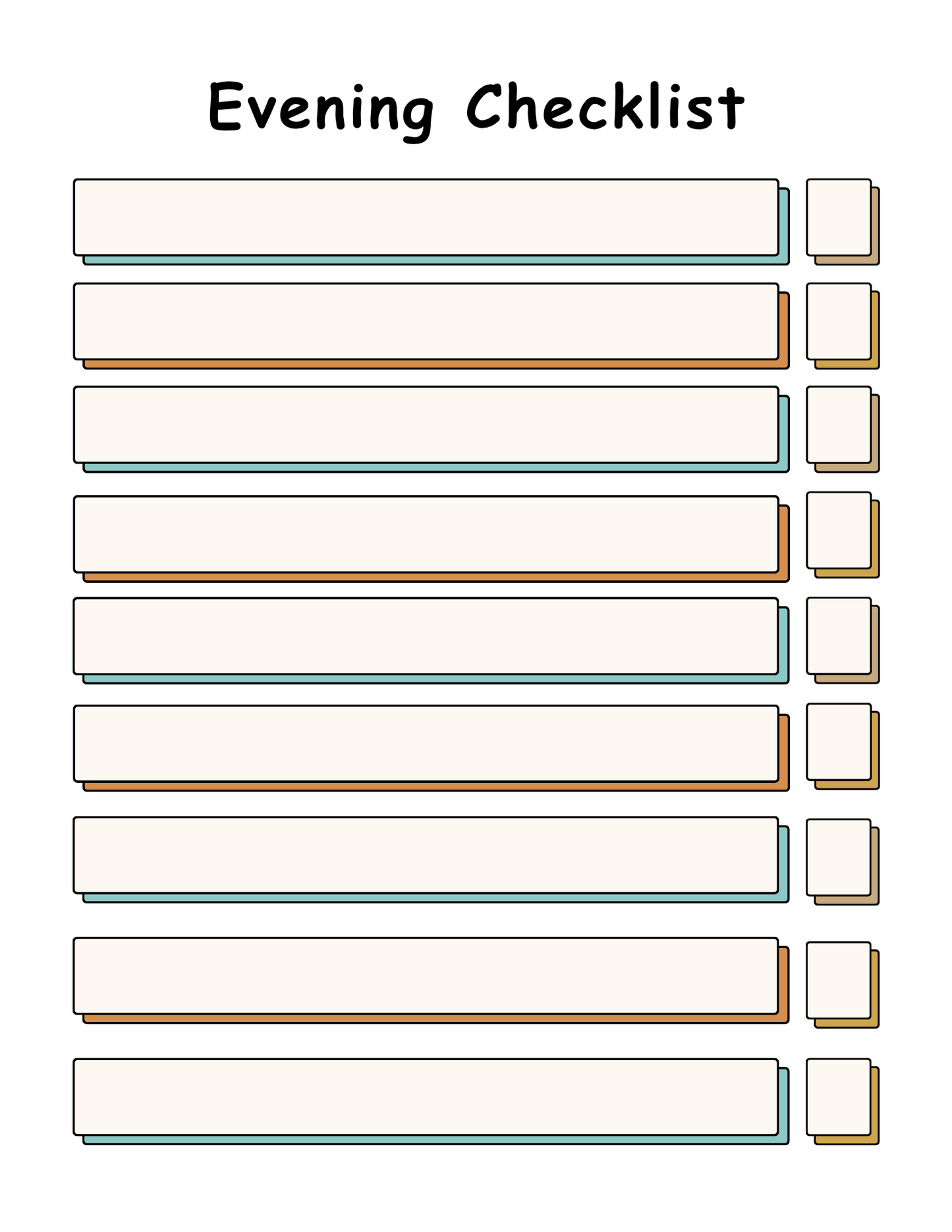 Blank evening checklist with multiple items and checkboxes on a white background