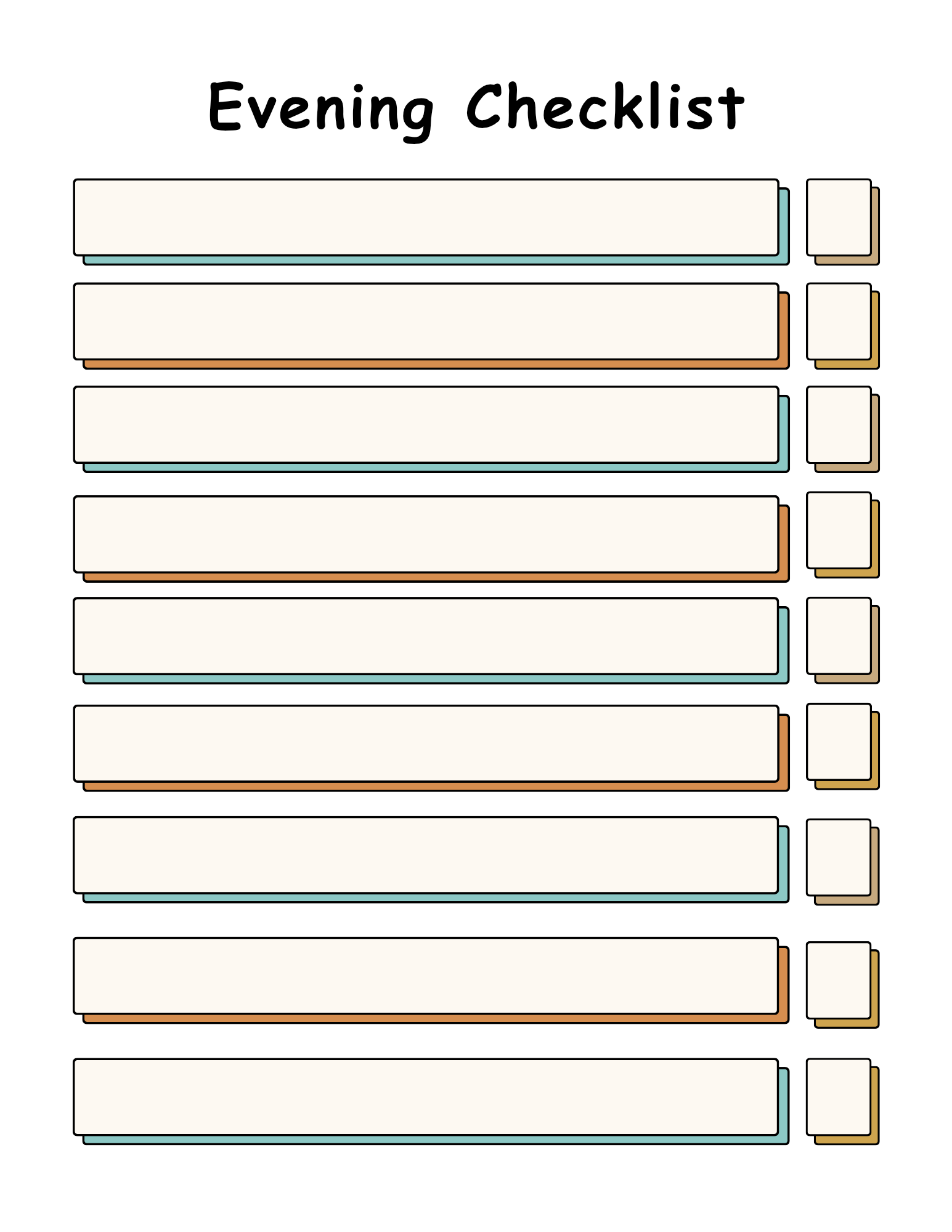 Blank evening checklist with multiple items and checkboxes on a white background