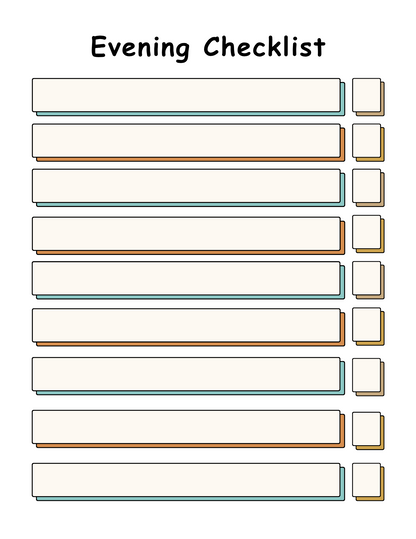 Blank evening checklist with multiple items and checkboxes on a white background