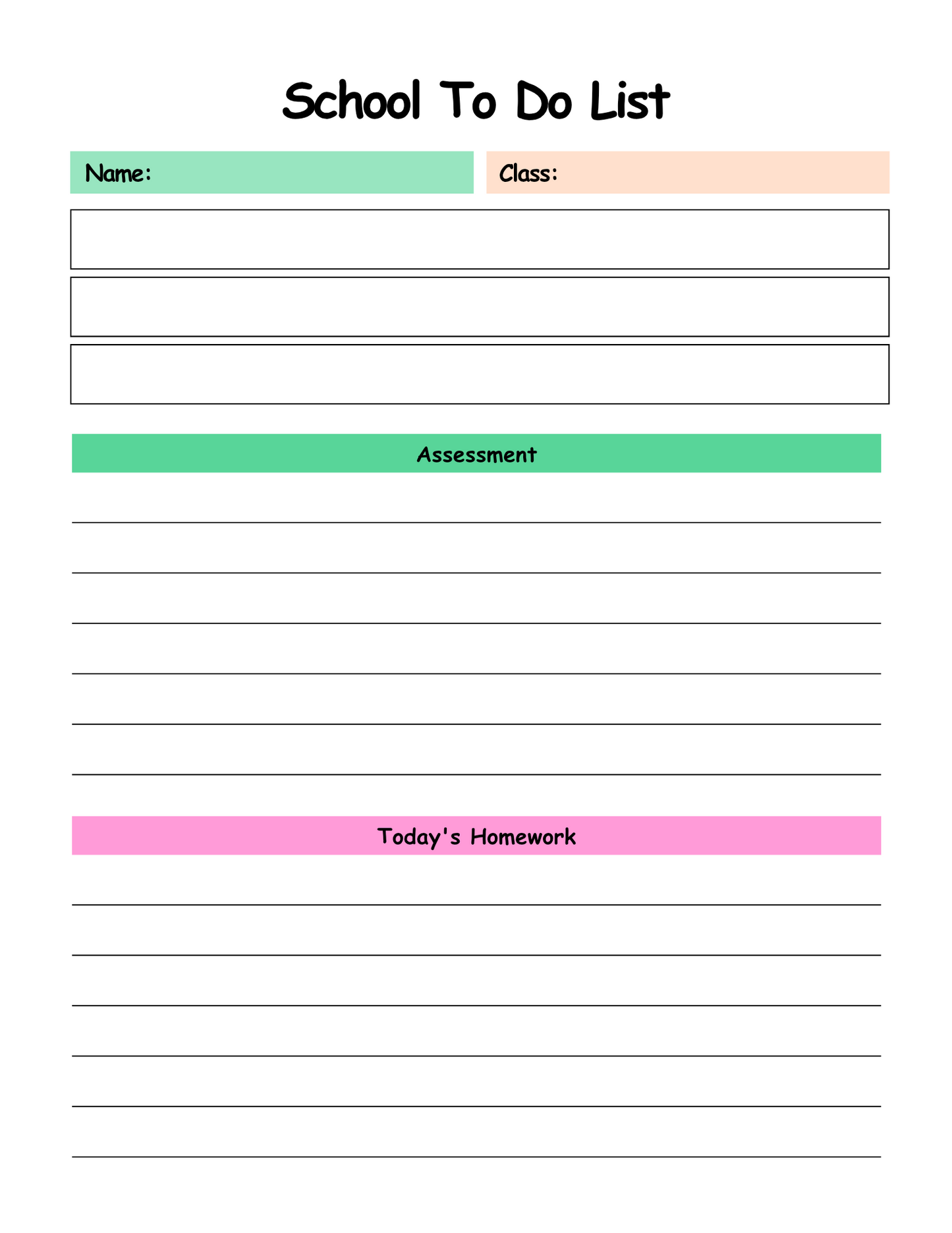 School to-do list with sections for name, class, assessment, and today's homework on a white background.