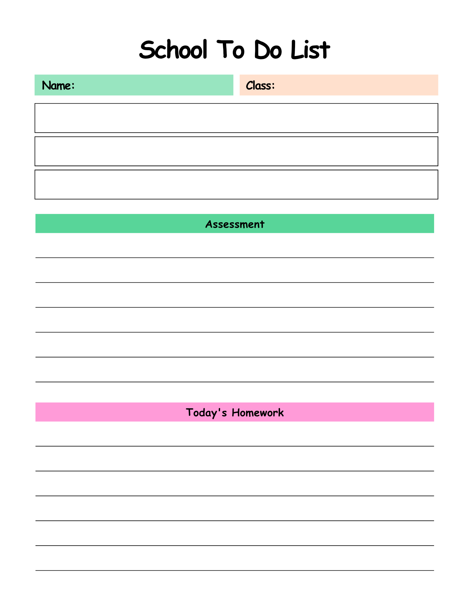 School to-do list with sections for name, class, assessment, and today's homework on a white background.
