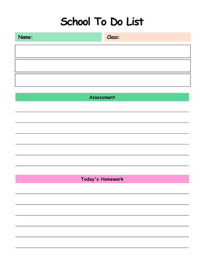 School to-do list with sections for name, class, assessment, and today's homework on a white background.