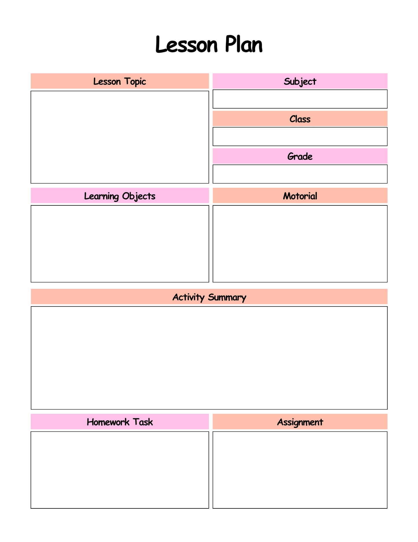 Blank lesson plan template with columns for lesson topic, subject, class, grade, learning objects, material, activity summary, homework task, and assignment.
