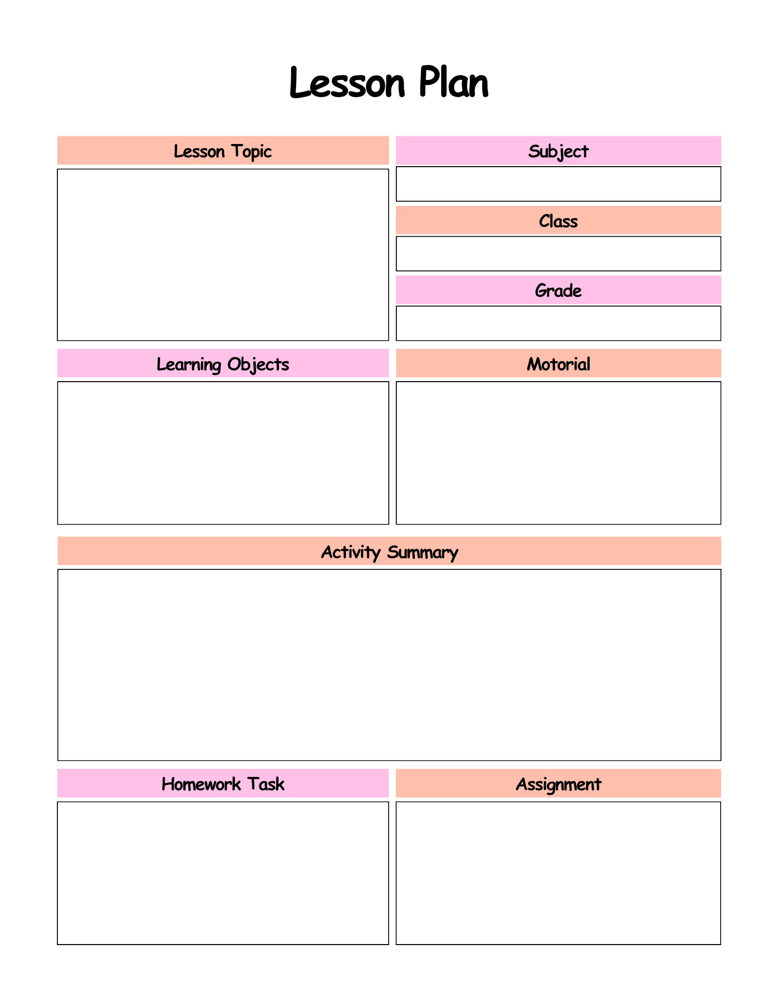 Blank lesson plan template with columns for lesson topic, subject, class, grade, learning objects, material, activity summary, homework task, and assignment.