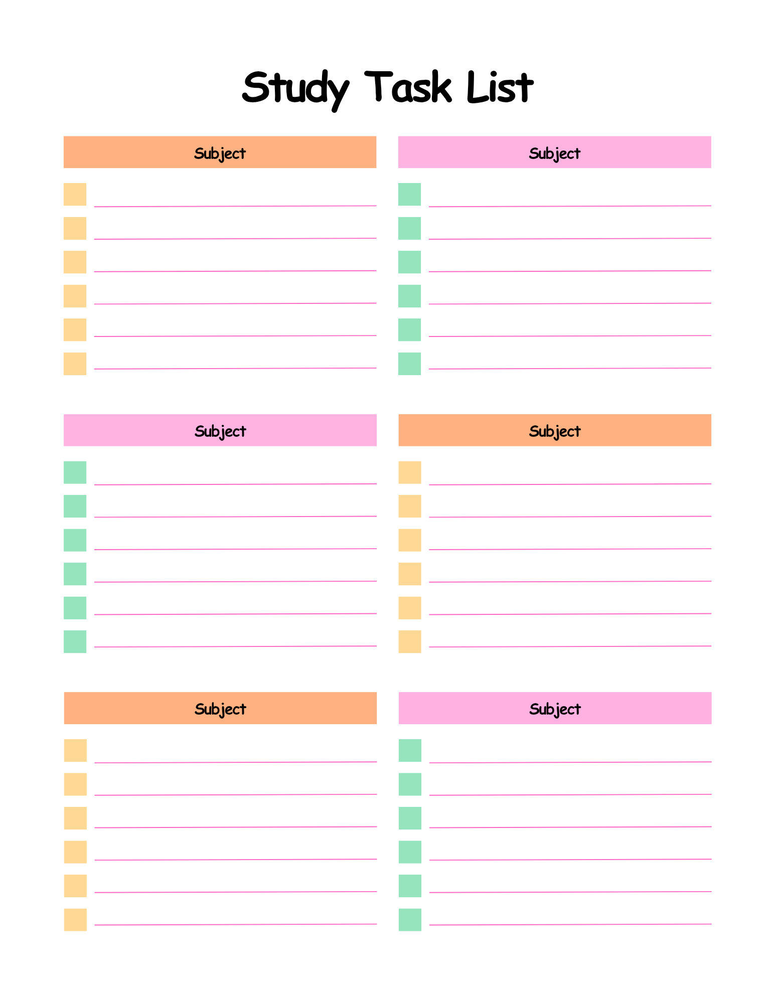 Study task list with colored columns for subjects on a white background