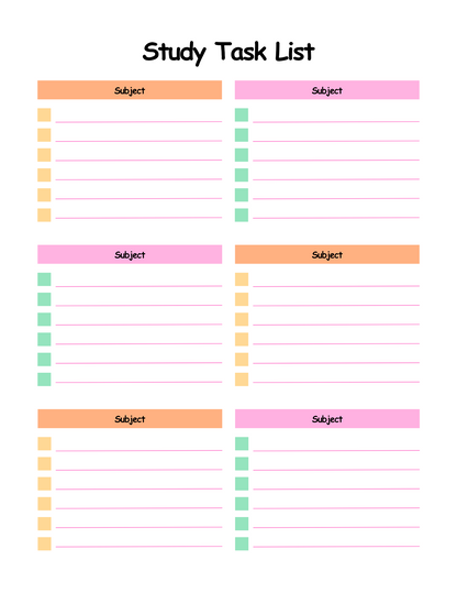 Study task list with colored columns for subjects on a white background