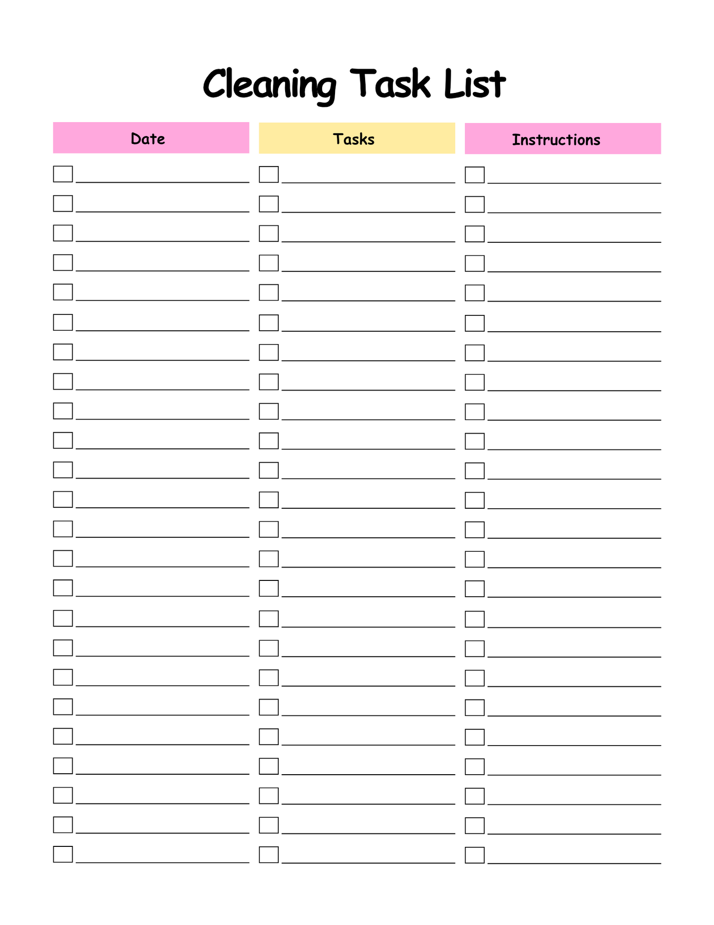 Cleaning task list with columns for date, tasks, and instructions on a white background.