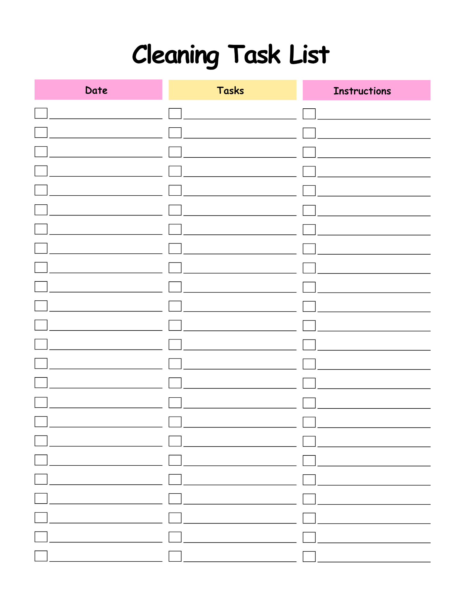 Cleaning task list with columns for date, tasks, and instructions on a white background.