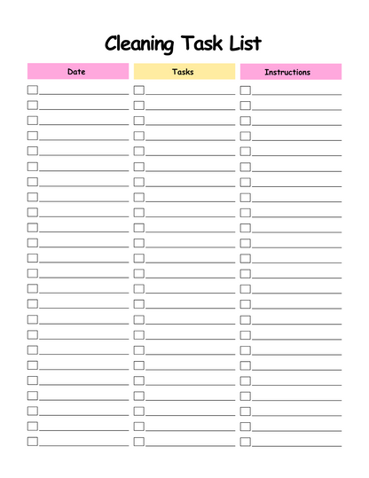 Cleaning task list with columns for date, tasks, and instructions on a white background.