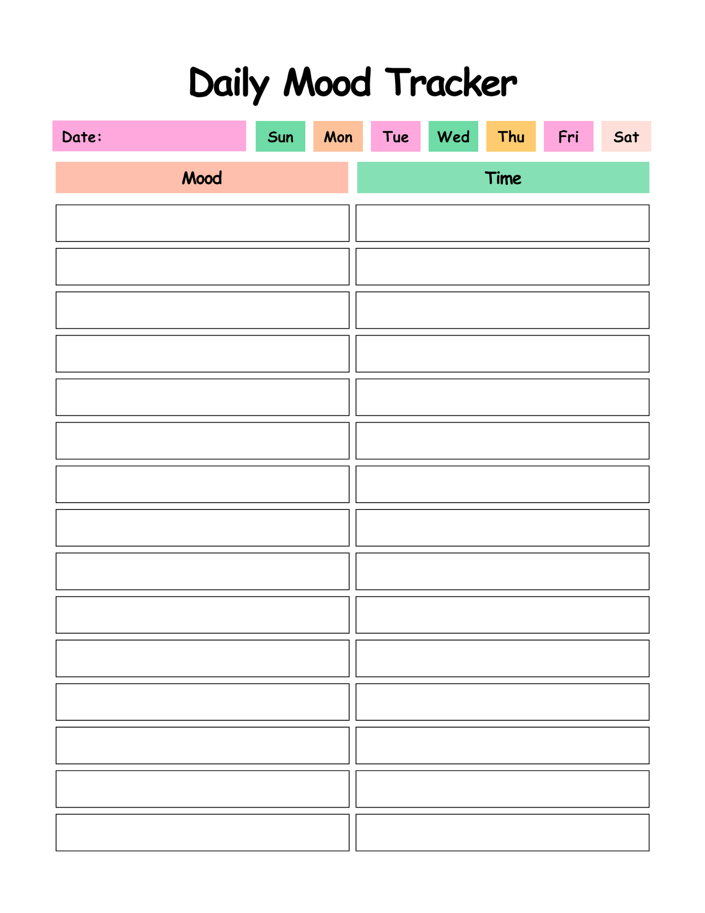Daily mood tracker with days of the week and time slots on a white background