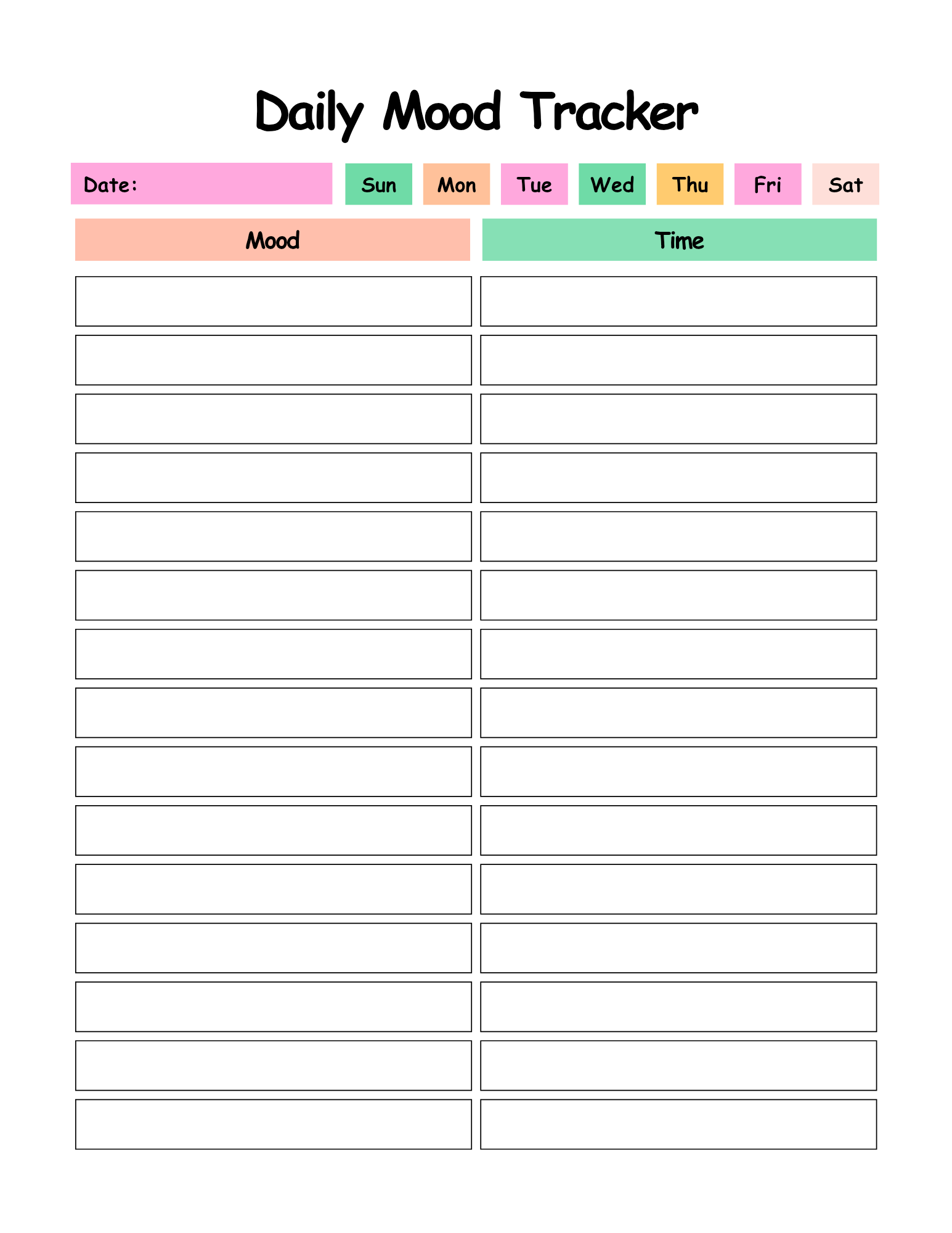 Daily mood tracker with days of the week and time slots on a white background